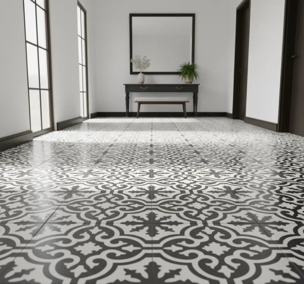 Carreaux de ciment véritables - Motif arabesque gris Minéral pierre naturelle