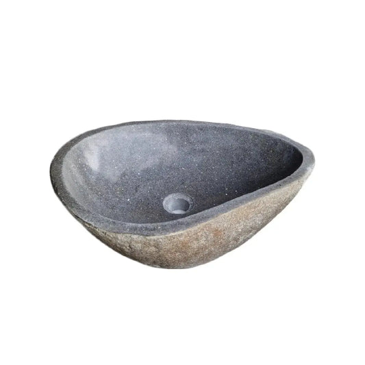 Vasque en galet naturel, intérieur marbre gris brillant. Unique et authentique, finitions soignées. Dimensions 42-50 cm, évacuation diamètre 4,5 cm incluse.