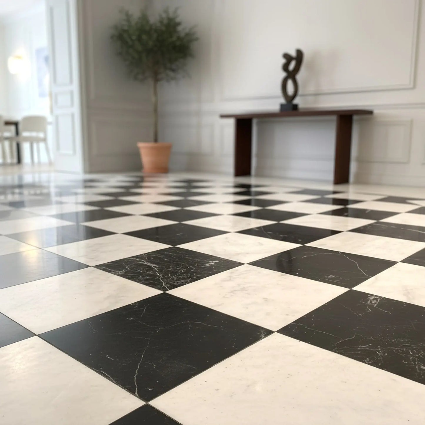 Dallage à damier MARBRE DE CARRARE et NOIR MARQUINA