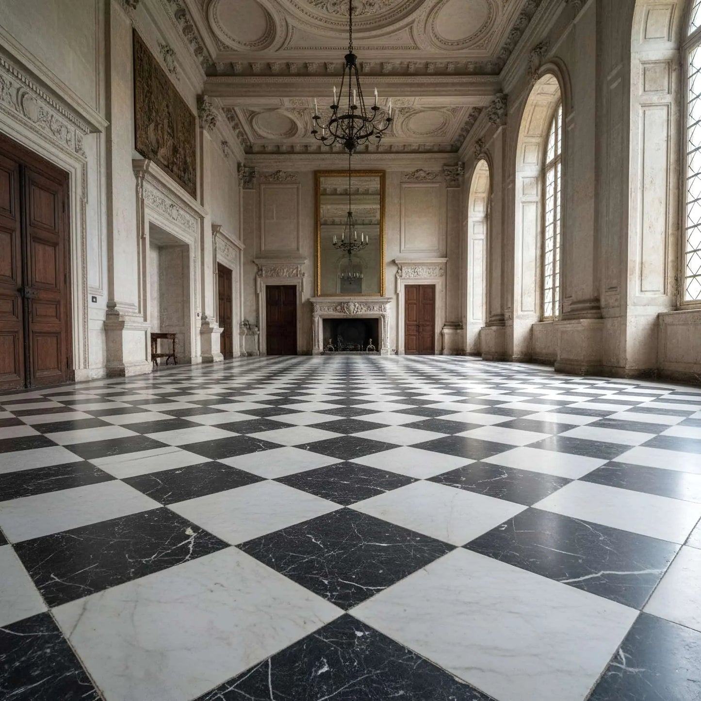 Dallage à damier MARBRE DE CARRARE et NOIR MARQUINA