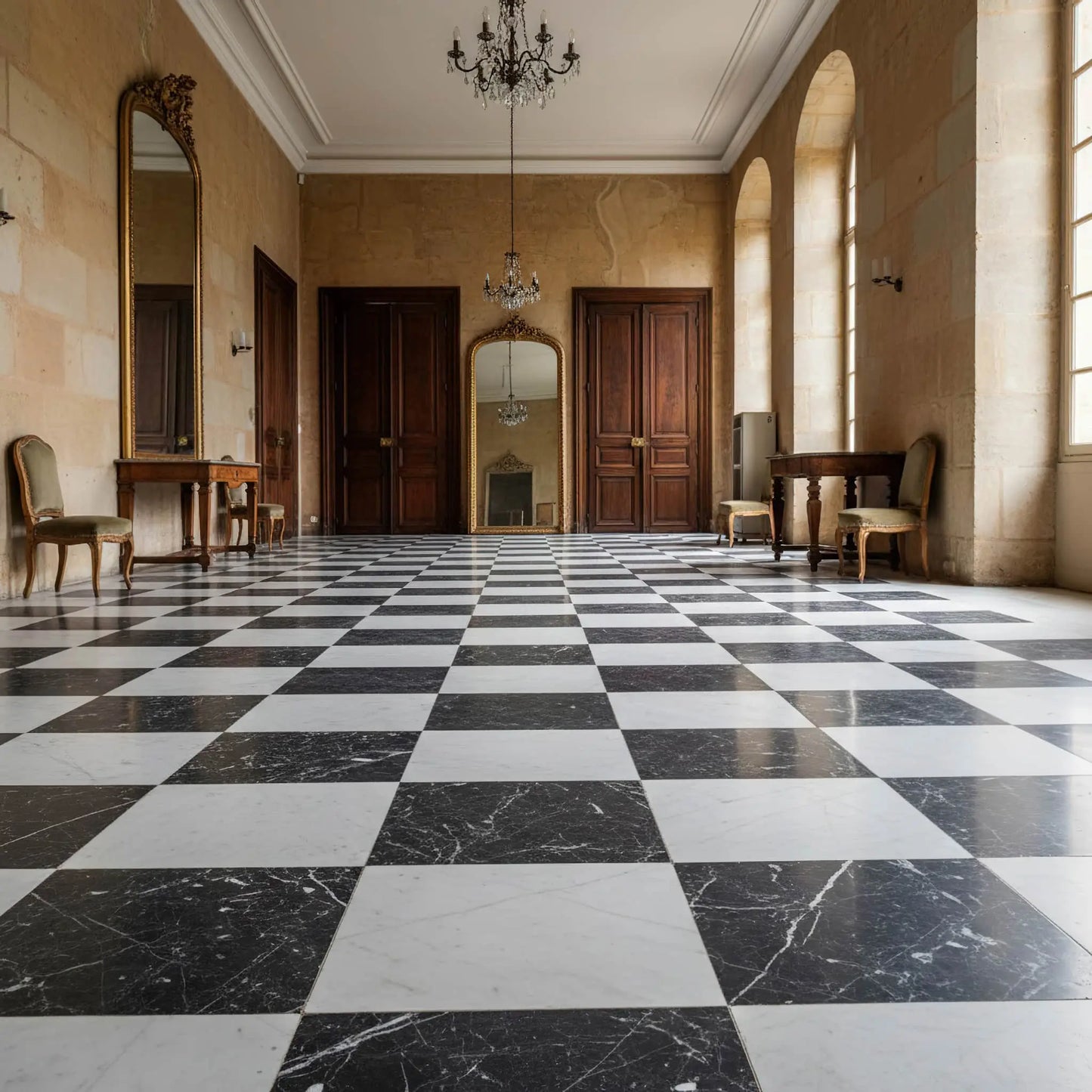 Dallage à damier MARBRE DE CARRARE et NOIR MARQUINA Minéral pierre naturelle