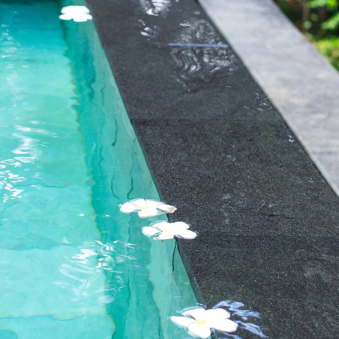Margelle de piscine en BASALTE SUPER BLACK finition flamée, avec larmiers - réalisation client