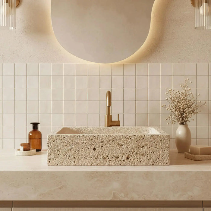 3D-designed bathroom with stone-effect tiles and a travertine basin in Sarreguemines