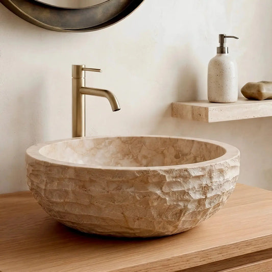 Vasque ronde en MARBRE BEIGE Minéral pierre naturelle