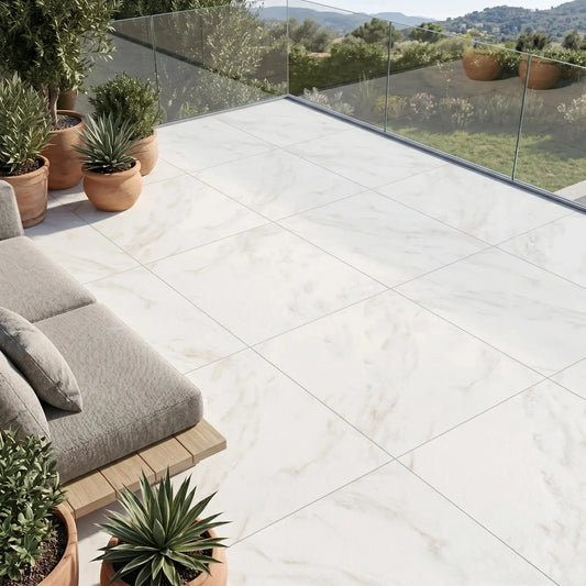 Carrelage extérieur effet pierre MARBRE BLANC - 60 x 60 x 2 cm Minéral pierre naturelle