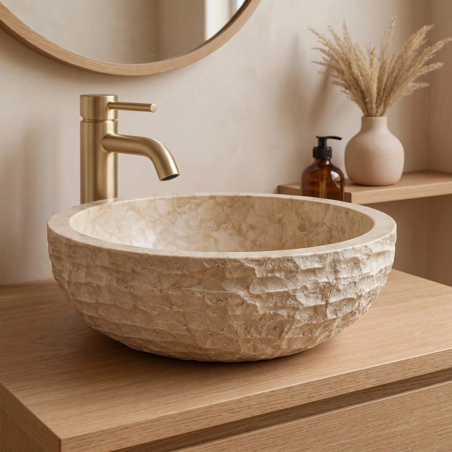 Vasque ronde en MARBRE BEIGE Minéral pierre naturelle