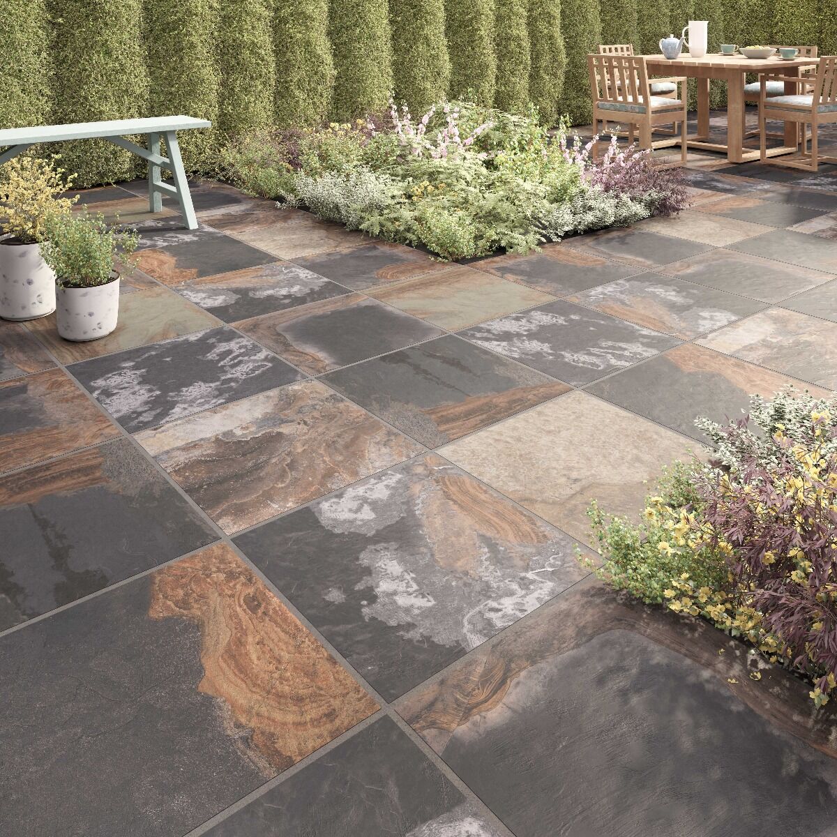 Grès cérame effet pierre ARIZONA - 60x60x2 
Finition : Effet pierre
Surface antidérapante R-11
Couleur : Tonalités de gris, marron et beige
Bords : Rectifiés