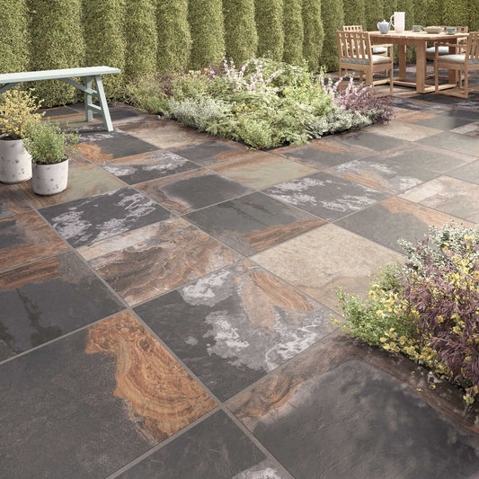 Grès cérame effet pierre ARIZONA - 60x60x2 
Finition : Effet pierre
Surface antidérapante R-11
Couleur : Tonalités de gris, marron et beige
Bords : Rectifiés