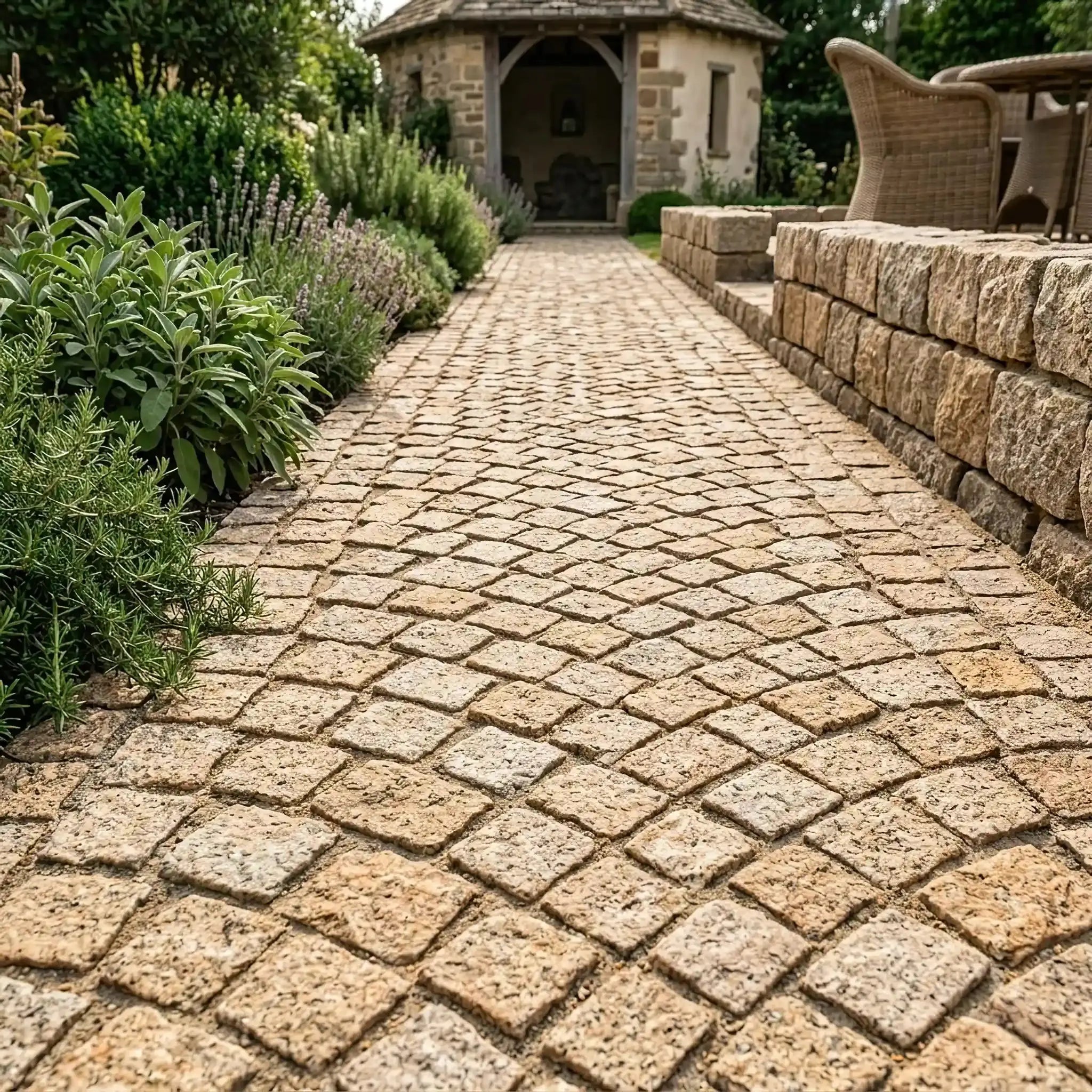 Natural stone pavers arranged along an outdoor garden pathway