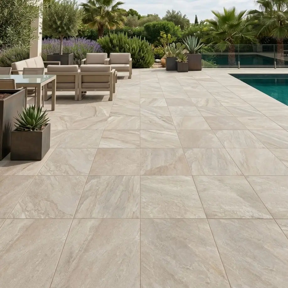 Carrelage extérieur effet pierre TAZA BEIGE - 90 x 60 x 2 cm Minéral pierre naturelle