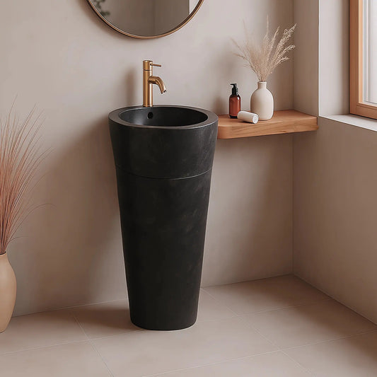Vasque sur pied en marbre noir, finition adoucie, percements pour robinet et évacuation. Unique, authentique, adaptée aux salles de bain modernes et classiques.